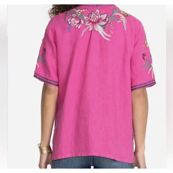 JOHNNY WAS Jessica Easy V Neck Top Pink Embroidered Size XL Short Sleeve Linen - Picture 2 of 12